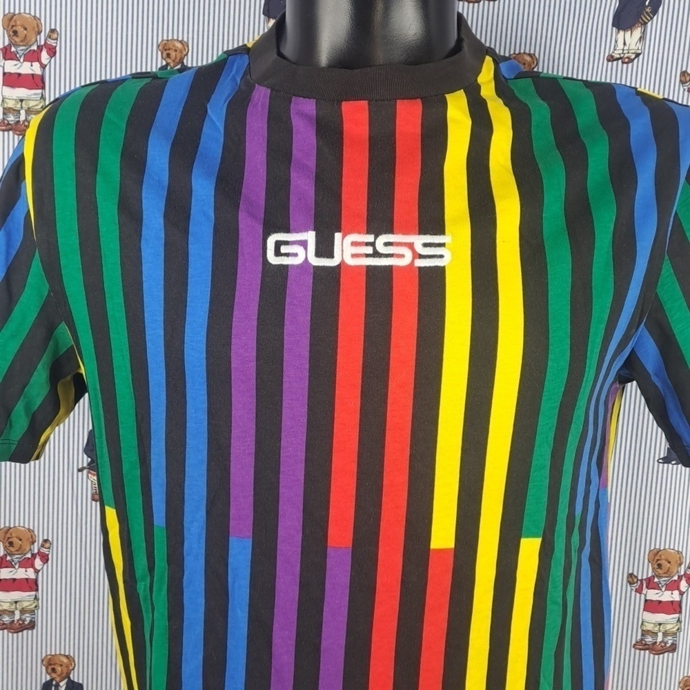 Guess Jeans embroidered spellout multicolor color stripes casual wear SM t-shirt - Picture 1 of 4